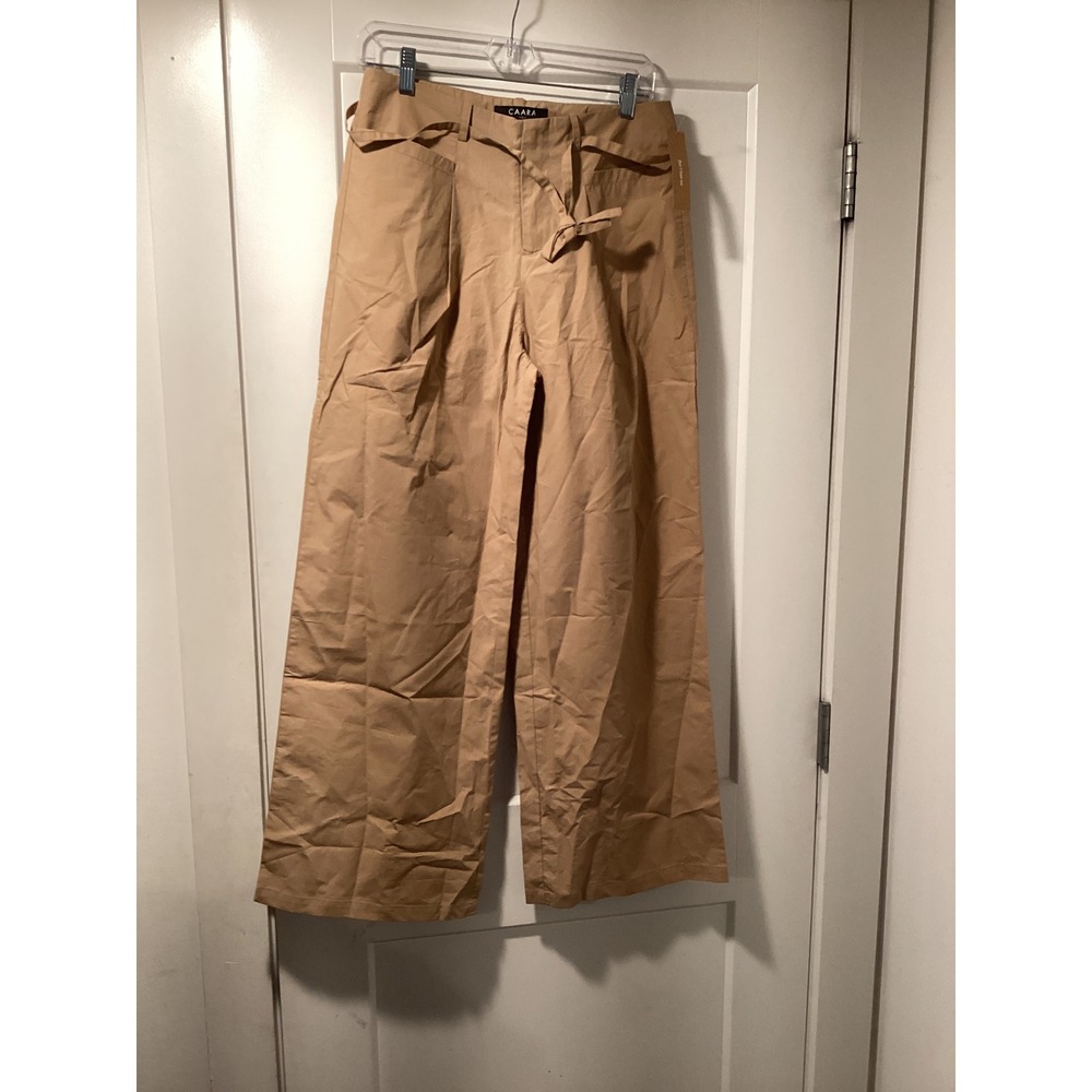 Few Moda CAARA Women Mocha Tan Wide Leg Cotton Trousers Tie Waist Pants Small